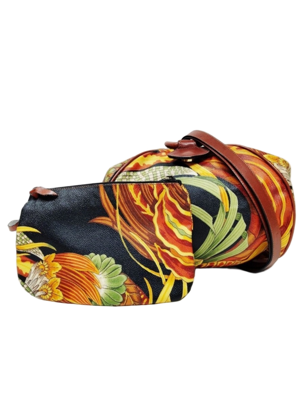 Salvatore Ferragamo Black Jungle Print Shoulder Bag with attached makeup bag